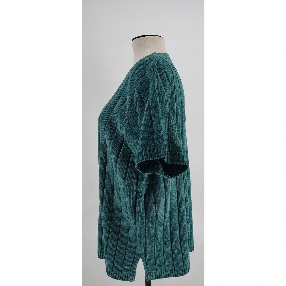 Denim & Co. NEW Woman Teal Green Pullover Sweater Size Large Short Sleeve Cable - Picture 3 of 10